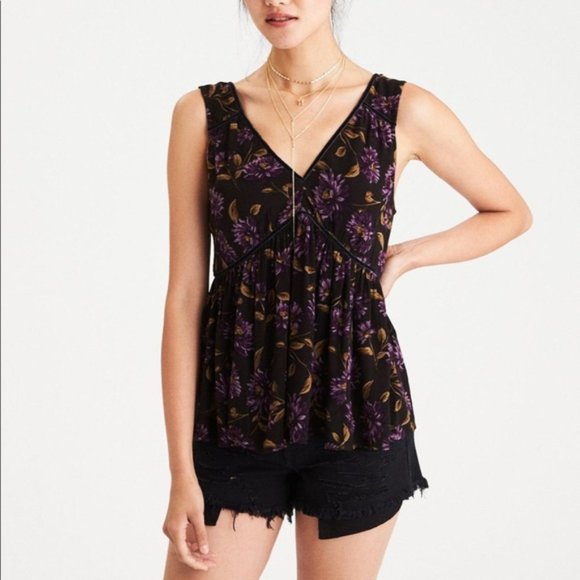American Eagle Outfitters Tops - American Eagle Purple Floral V-Neck Swing Tank Top
